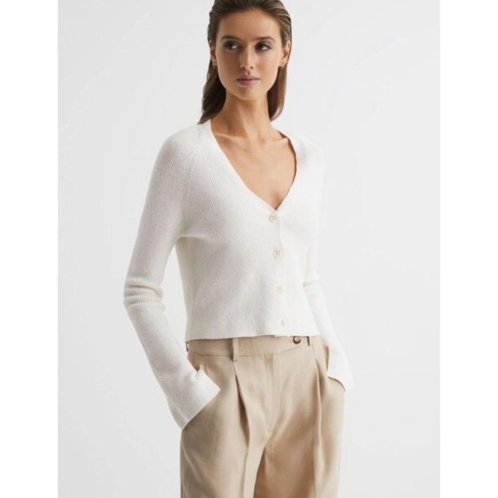 REISS Celia Linen Blend Ribbed Cardigan Ivory Women's Size M Long Sleeve Casual‎